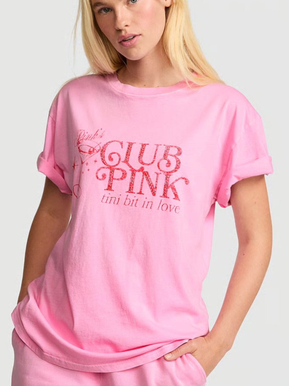 PINK Victoria's Secret Campus Pink Lollipop Rhinestone Cotton Tee Shirt - NWT